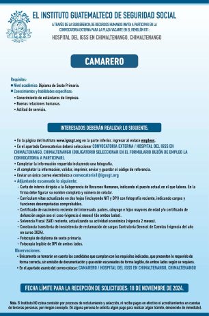 Convocatoria de la plaza: Camarero para el Hospital en Chimaltenango