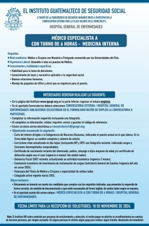 Convocatoria de la plaza: Médico Especialista (Medicina Interna) para el Hospital General de Enfermedades