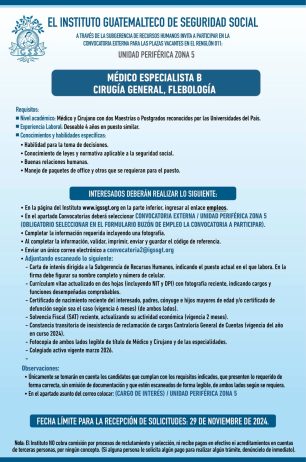Convocatoria de la plaza: Médico Especialista (Cirugía General – Flebología) para la Unidad Periférica Zona 5