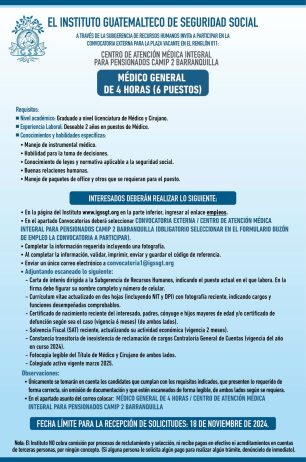Convocatoria de la plaza: Médico General (6 puestos) para el Centro CAMIP 2 Barranquilla