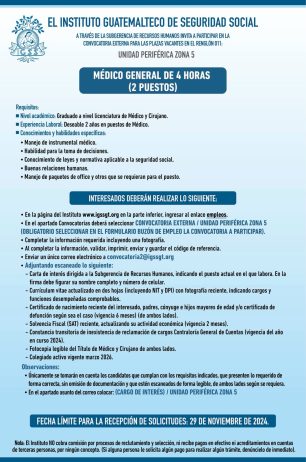 Convocatoria de la plaza: Médico General para la Unidad Periférica Zona 5