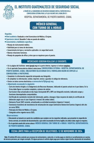 Convocatoria de la plaza: Médico General para el Hospital Departamental de Puerto Barrios, Izabal