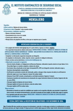 Convocatoria de la plaza: Mensajero para la Unidad de Consulta Externa Gerona