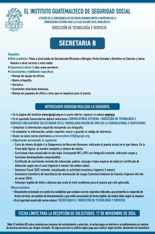 Convocatoria de la plaza: Secretaria para la Dirección de Tecnología y Servicio