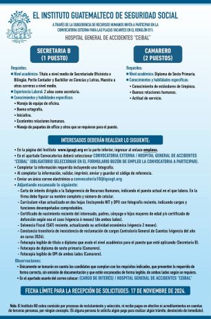 Convocatoria de las plazas: Camarero y Secretaria para el Hospital General de Accidentes Ceibal