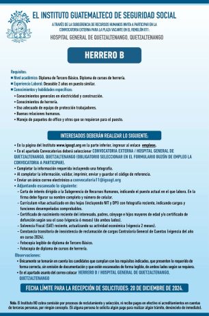 Convocatoria de la plaza: Herrero para el Hospital General de Quetzaltenango