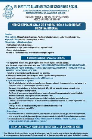 Convocatoria de la plaza: Médico Especialista (Medicina Interna) para la Unidad de Consulta Externa Gerona