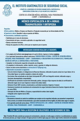 Convocatoria de la plaza: Médico Especialista (Traumatología y Ortopedia) para la Unidad CAMIP Barranquilla 2