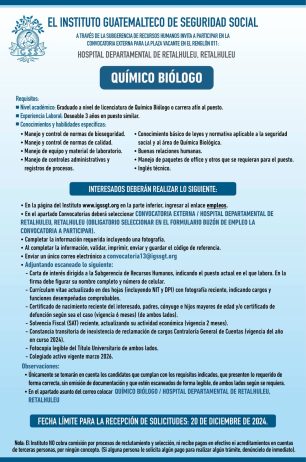 Convocatoria de la plaza: Químico Biólogo para el Hospital Departamental de Retalhuleu