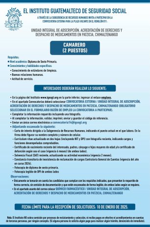 Convocatoria de la plaza: Camarero para la Unidad Integral en Patzicia, Chimaltenango