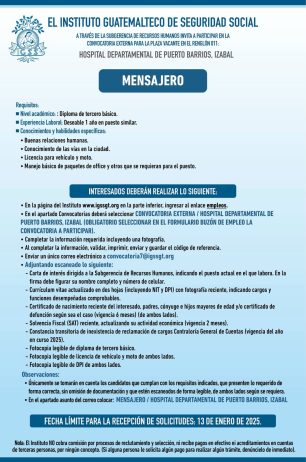 Convocatoria de la plaza: Mensajero para la Departamental de Puerto Barrios, Izabal