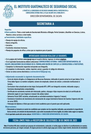 Convocatoria de la plaza: Secretaria para la Dirección Departamental de Zacapa