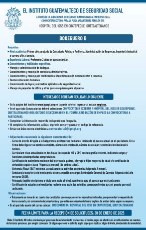 Convocatoria de la plaza: Bodeguero para el Hospital en Coatepeque, Quetzaltenango