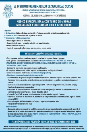 Convocatoria de la plaza: Médico Especialista (Ginecología y Obstetricia) para el Hospital en Mazatenango, Suchitepéquez