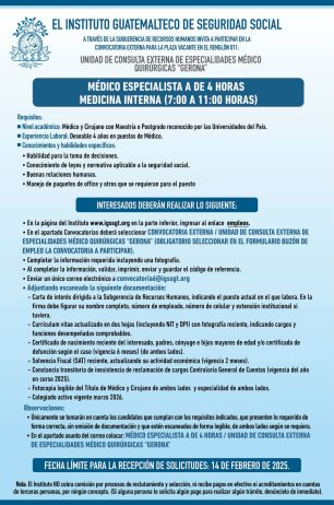 Convocatoria de la plaza: Médico Especialista (Medicina Interna) para la Unidad de Consulta Externa Gerona