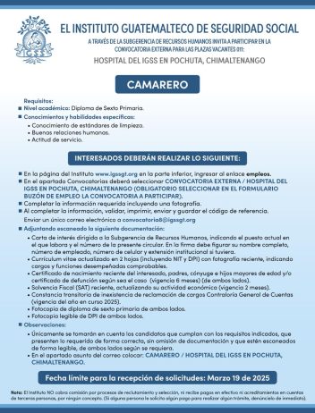 Convocatoria de la plaza: Camarero para el Hospital en Pochuta, Chimaltenango