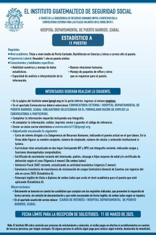 Convocatoria de la plaza: Estadístico para el Hospital Departamental de Puerto Barrios, Izabal