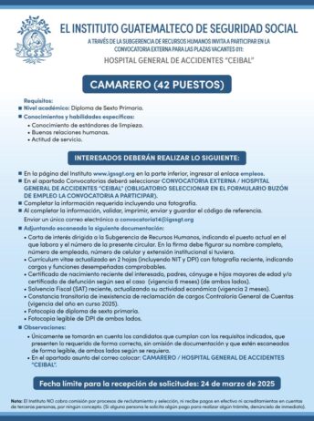 Convocatoria de 42 plazas: Camarero para el Hospital General de Accidentes Ceibal
