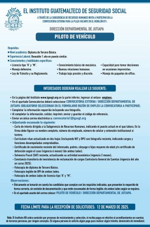 Convocatoria de la plaza: Piloto de Vehículo para la Dirección Departamental de Jutiapa