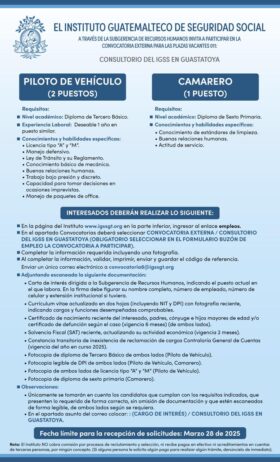 Convocatoria de plazas: Piloto de Vehículo y Camarero para el Consultorio en Guastatoya