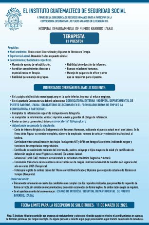 Convocatoria de la plaza: Terapista para el Hospital Departamental de Puerto Barrios, Izabal