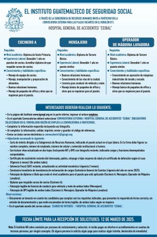 Convocatoria de las plazas: Cocinero, Mensajero y Operador de Máquina Lavadora para el Hospital General de Accidentes Ceibal