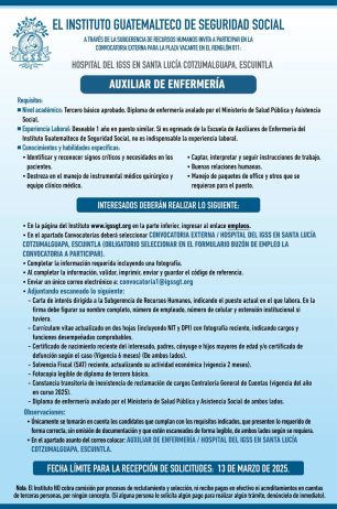 Convocatoria de la plaza: Auxiliar de Enfermería para el Hospital en Santa Lucía Cotzumalguapa, Escuintla