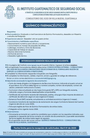 Convocatoria de plazas: QUÍMICO FARMACÉUTICO