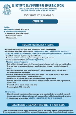 Convocatoria de la plaza: Camarero para el Consultorio en Villa Canales
