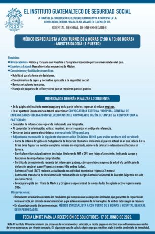 Convocatoria de la plaza: Médico Especialista (Anestesiología) para el Hospital General de Enfermedades
