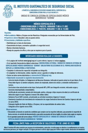 Convocatoria de la plaza: Médico Especialista (Endocrinología) para la Unidad de Consulta Externa Gerona