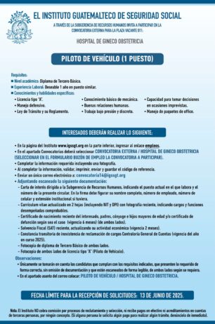 Convocatoria de la plaza: Piloto de Vehículo para el Hospital de Gineco Obstetricia