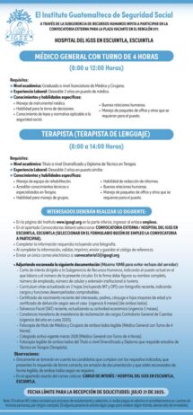 Convocatoria de las plazas: Médico General y Terapista de Lenguaje para el Hospital en Escuintla, Escuintla