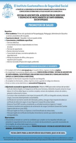 Convocatoria de la plaza: Promotor en Salud para Unidad de Santa Bárbara, Suchitepéquez