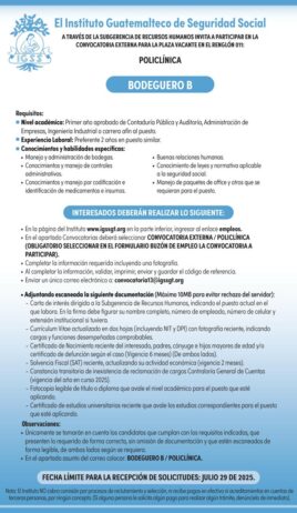 Convocatoria de la plaza: Bodeguero para la Unidad Policlínica, Ciudad de Guatemala