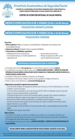 Convocatoria de las plazas: Médicos Especialistas (Psiquiatría Infanto Juvenil y Psiquiatría Forense) para la Unidad CAISM