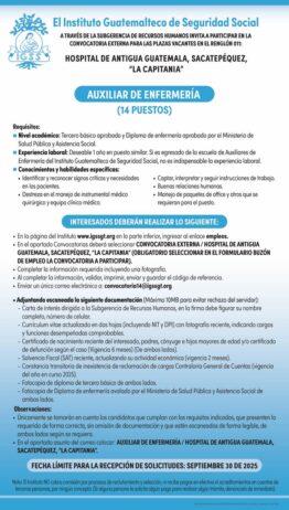 Convocatoria de catorce plazas: Auxiliar de Enfermería para el Hospital de Antigua Guatemala, Sacatepéquez La Capitanía