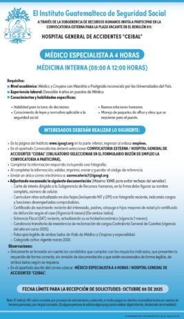 Convocatoria de la plaza: Médico Especialista (Medicina Interna) para el Hospital General de Accidentes Ceibal
