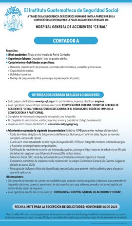 Convocatoria de la plaza: Contador A para el Hospital General de Accidentes Ceibal, Ciudad de Guatemala