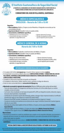 Convocatoria de las plazas: Médico General y Médico Especialista (Urología) para el Consultorio en Villa Nueva