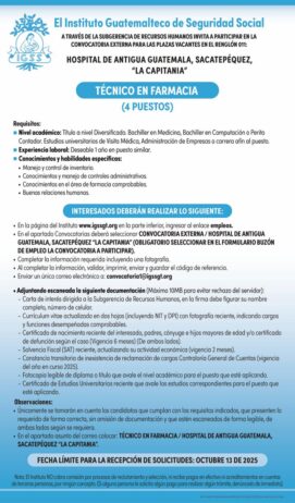 Convocatoria de la plaza: Técnico en Farmacia para el Hospital de Antigua Guatemala, Sacatepéquez La Capitanía