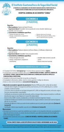 Convocatoria de 11 plazas: Cocinero para el Hospital General de Accidentes Ceibal, Ciudad de Guatemala