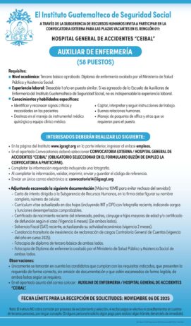 Convocatoria de 58 plazas: Auxiliar de Enfermería para el Hospital General de Accidentes Ceibal, Ciudad de Guatemala