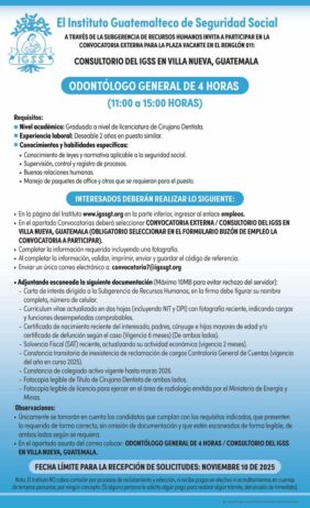 Convocatoria de la plaza: Odontólogo General para el Consultorio en Villa Nueva, Guatemala