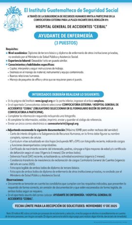 Convocatoria de la plaza: Ayudante de Enfermería para el Hospital General de Accidentes Ceibal, Ciudad de Guatemala
