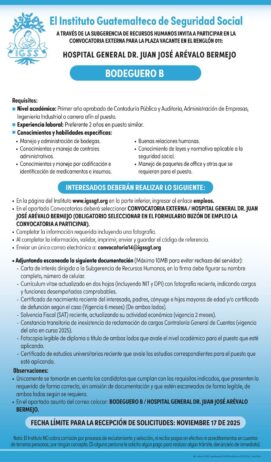 Convocatoria de la plaza: Bodeguero para el Hospital General Dr. Juan José Arévalo Bermejo