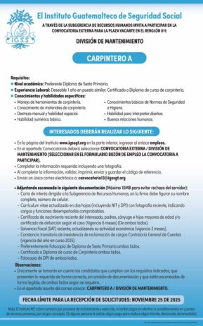 Convocatoria de la plaza: Carpintero A para la División de Mantenimiento, Ciudad de Guatemala