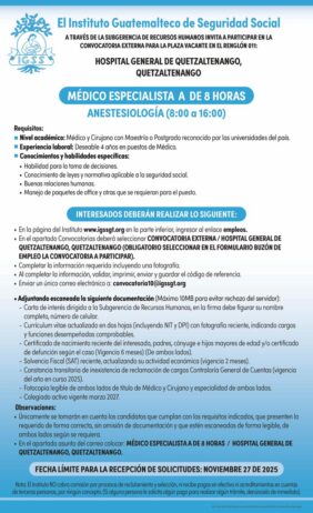Convocatoria de la plaza: Médico Especialista (Anestesiología) para el Hospital General de Quetzaltenango