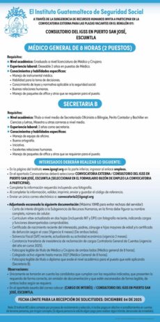 Convocatoria de las plazas: Médico General y Secretaria para el Consultorio en Puerto San José, Escuintla