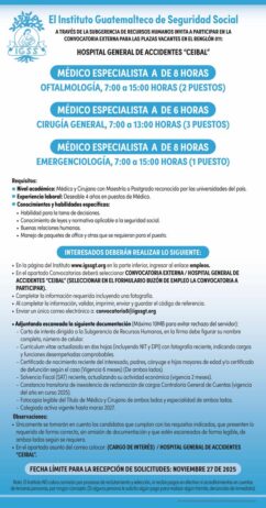 Convocatoria de plazas: Médicos Especialistas (Oftalmología, Cirugía General y Emergenciología) para el Hospital General de Accidentes Ceibal
